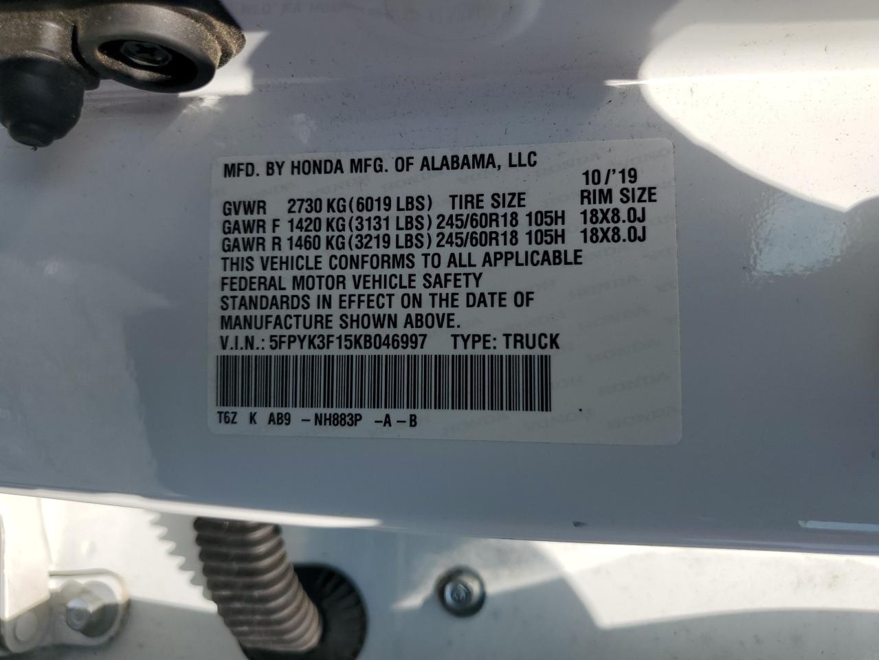 2019 Honda Ridgeline Sport VIN: 5FPYK3F15KB046997 Lot: 67898825