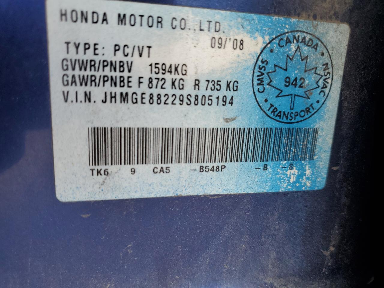 2009 Honda Fit VIN: JHMGE88229S805194 Lot: 70131745