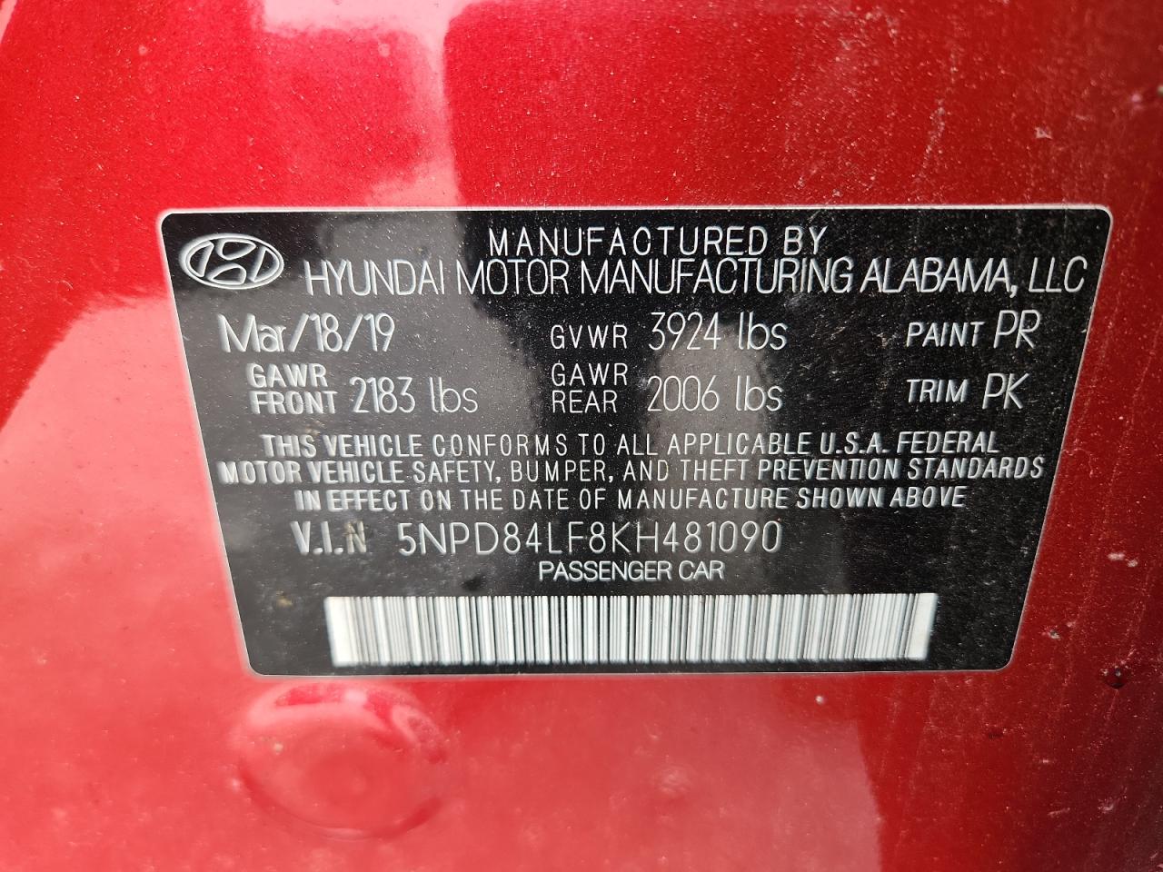 2019 Hyundai Elantra Sel VIN: 5NPD84LF8KH481090 Lot: 69221285