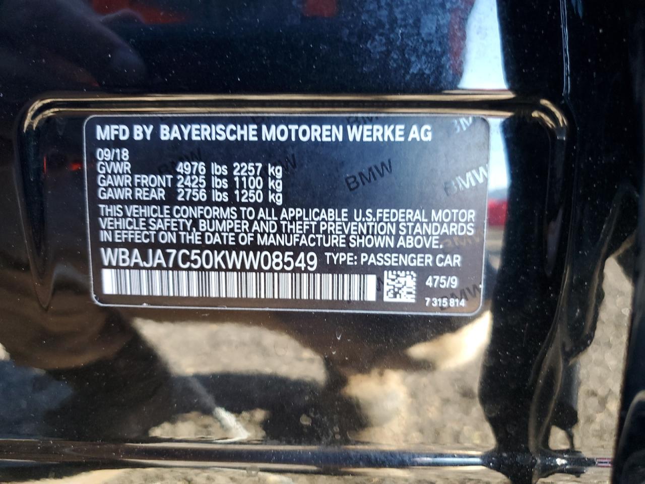 2019 BMW 530 Xi VIN: WBAJA7C50KWW08549 Lot: 69956685