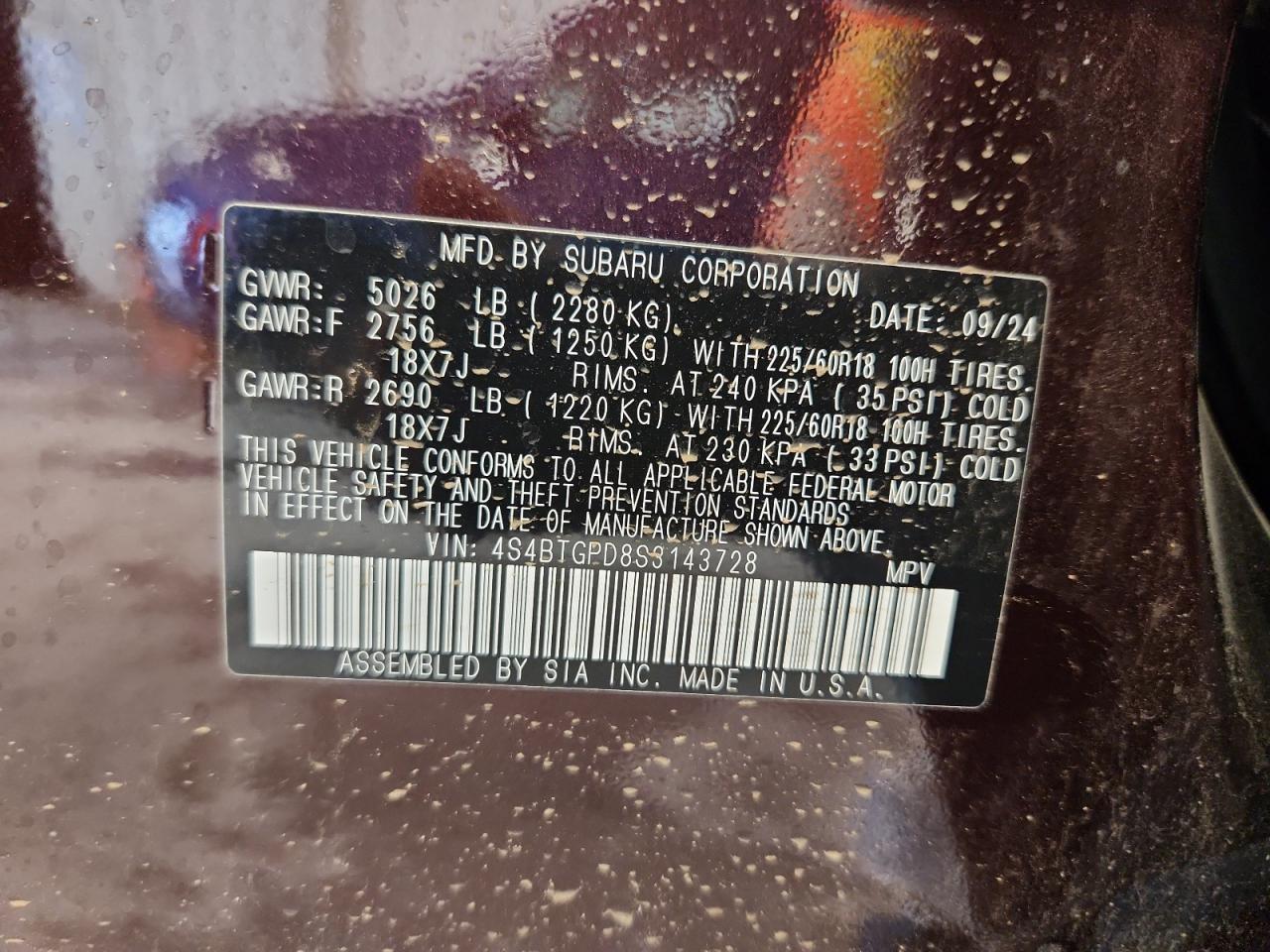 2025 Subaru Outback Touring VIN: 4S4BTGPD8S3143728 Lot: 69061165