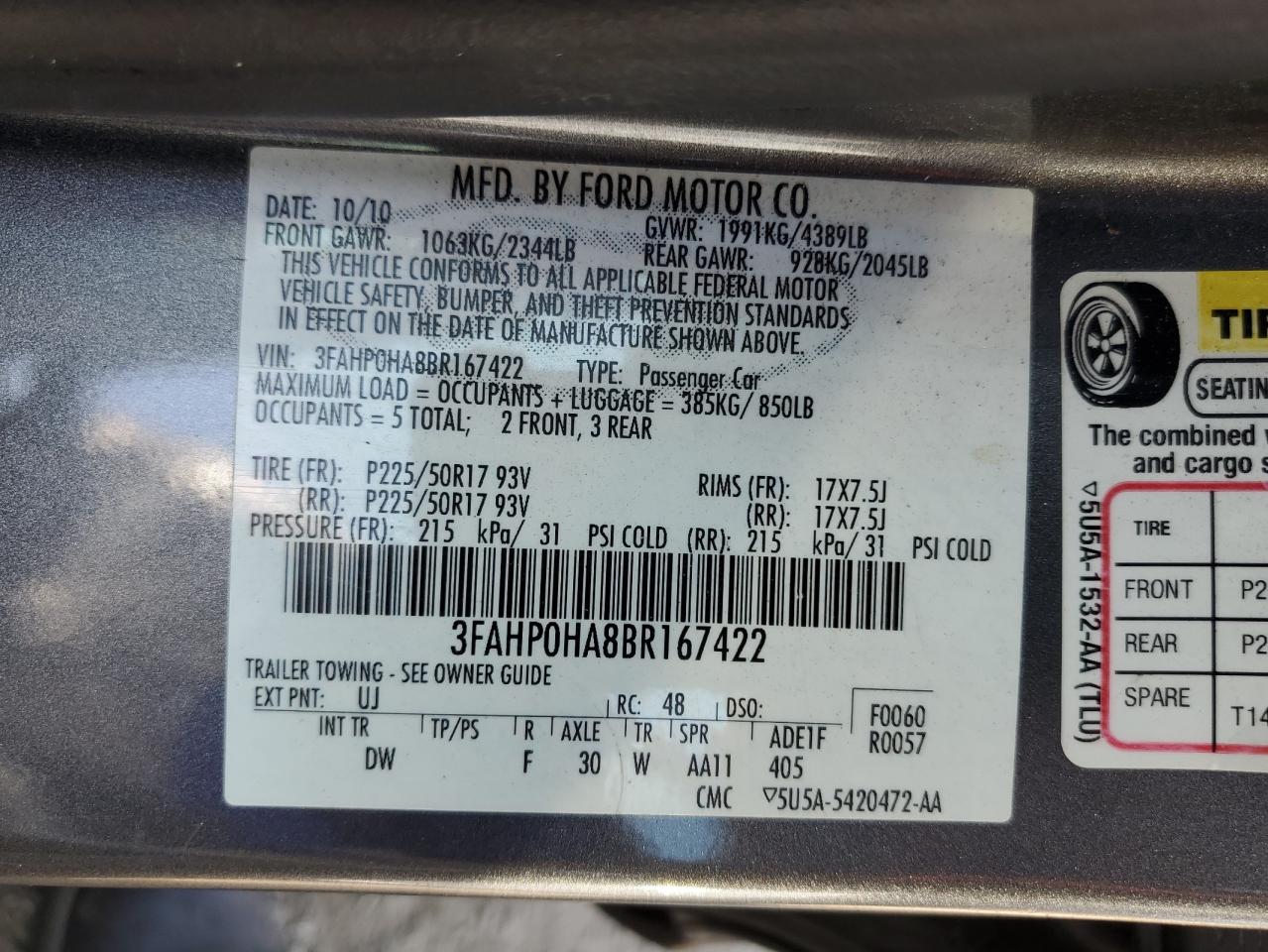 2011 Ford Fusion Se VIN: 3FAHP0HA8BR167422 Lot: 67767725