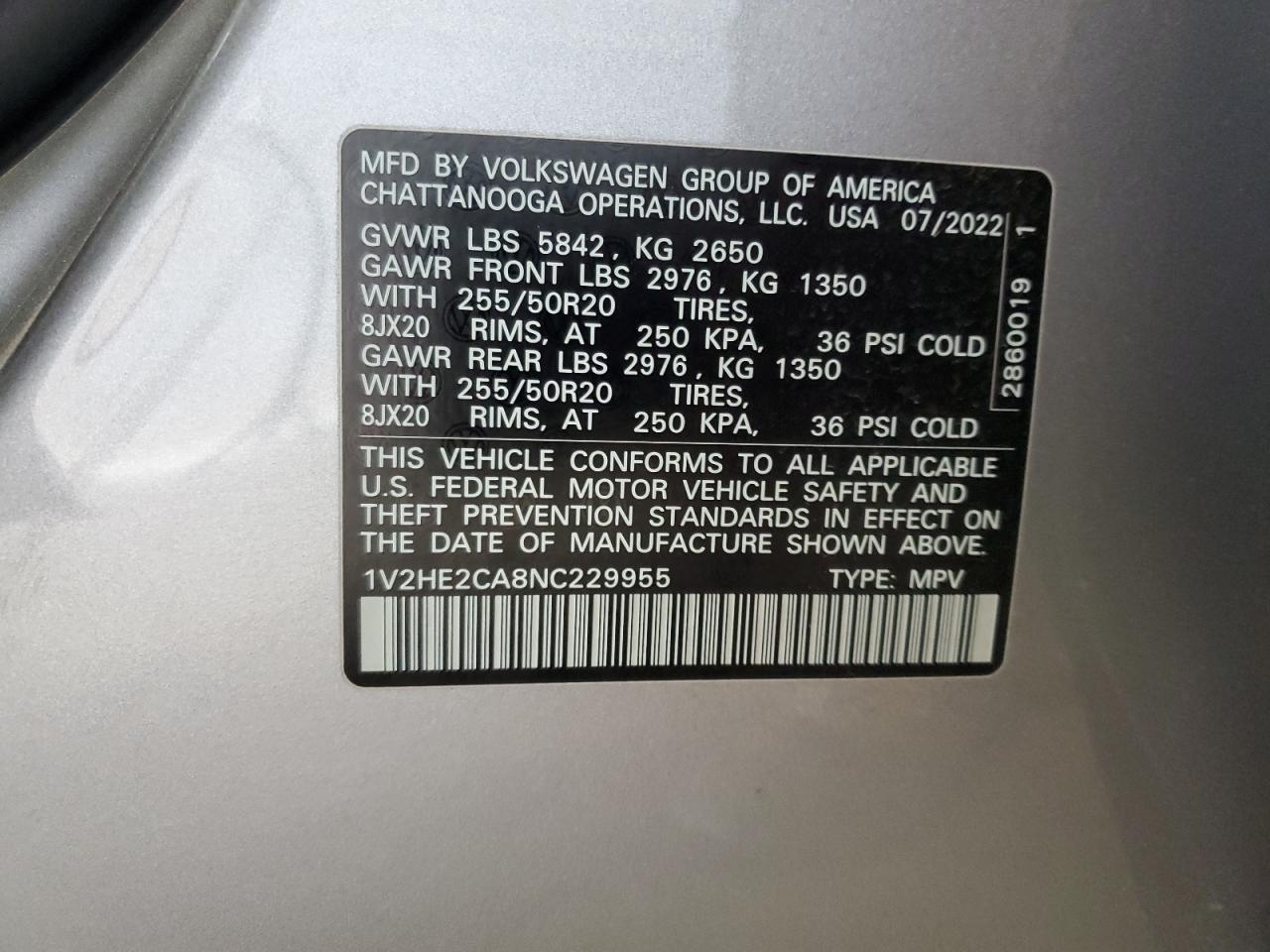 2022 Volkswagen Atlas Cross Sport Se VIN: 1V2HE2CA8NC229955 Lot: 70421155