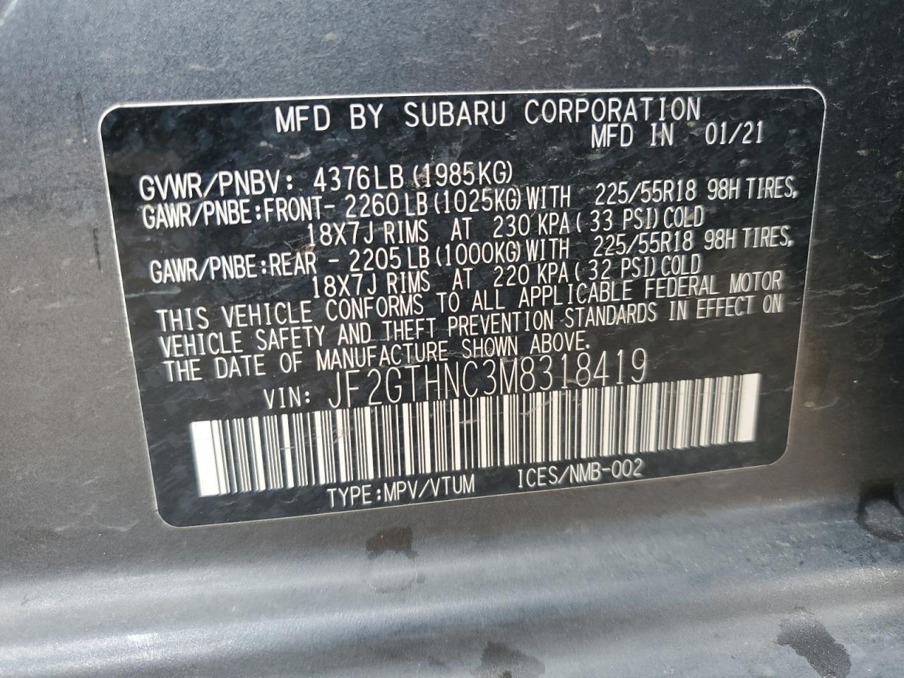 2021 Subaru Crosstrek Limited VIN: JF2GTHNC3M8318419 Lot: 68699325