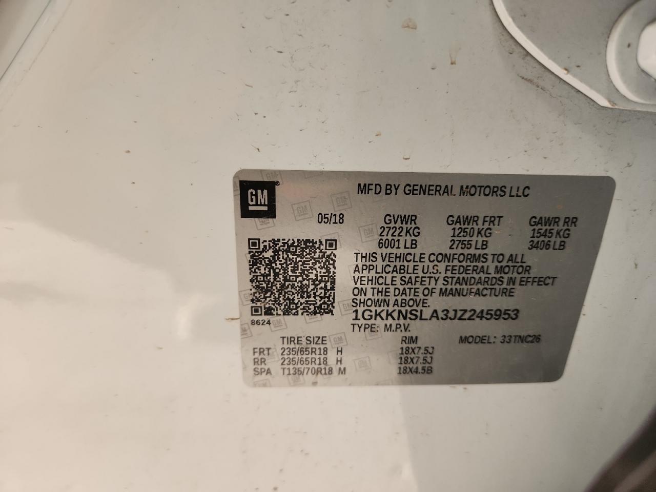 2018 GMC Acadia Sle VIN: 1GKKNSLA3JZ245953 Lot: 70125425