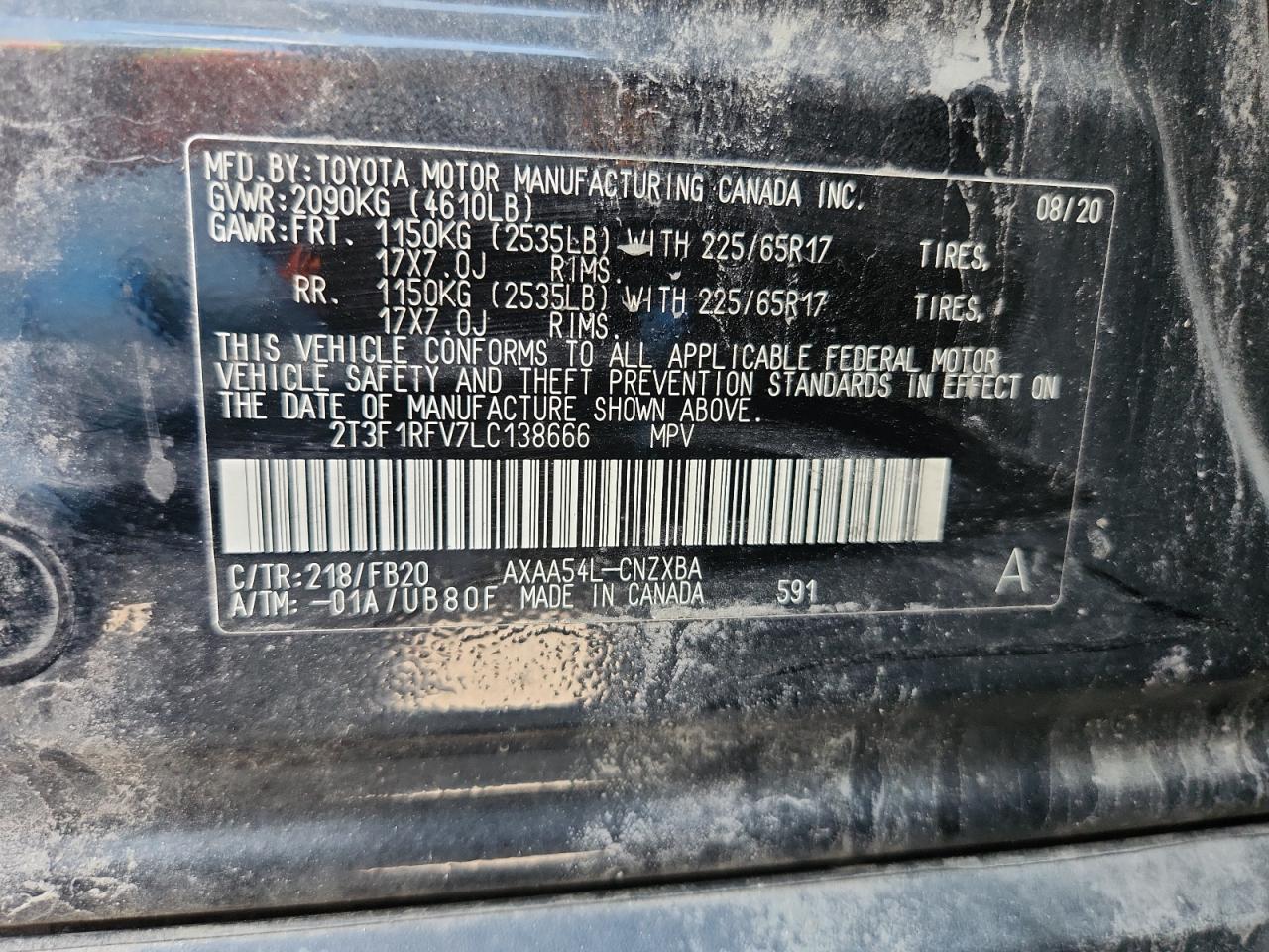 2020 Toyota Rav4 Le VIN: 2T3F1RFV7LC138666 Lot: 70529385