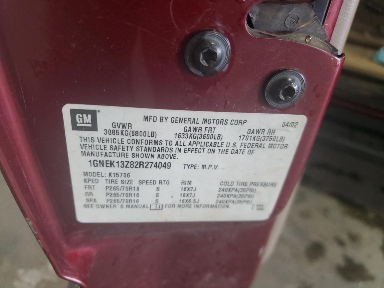 2002 Chevrolet Tahoe K1500 VIN: 1GNEK13Z82R274049 Lot: 80379465