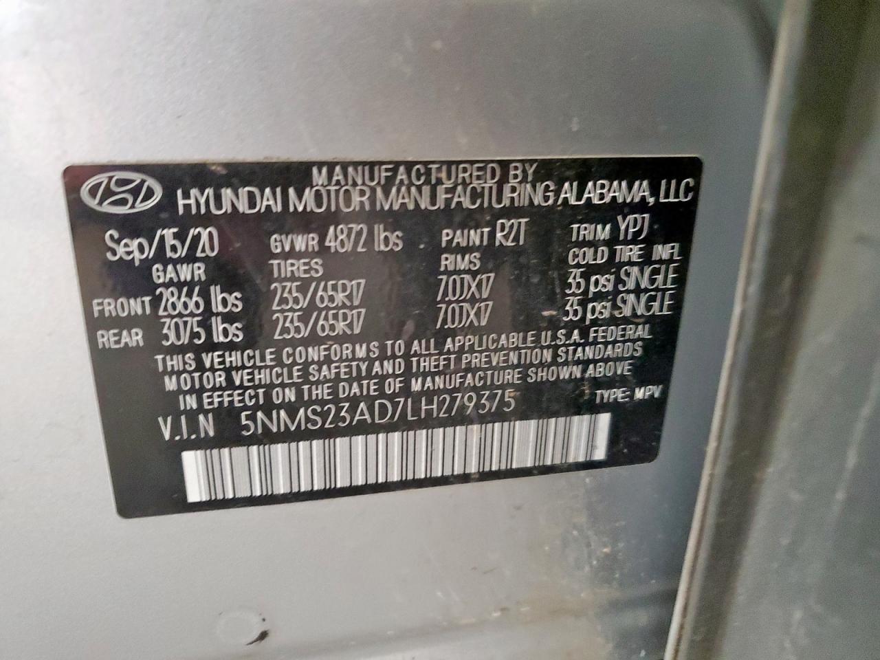 2020 Hyundai Santa Fe Se VIN: 5NMS23AD7LH279375 Lot: 68691755