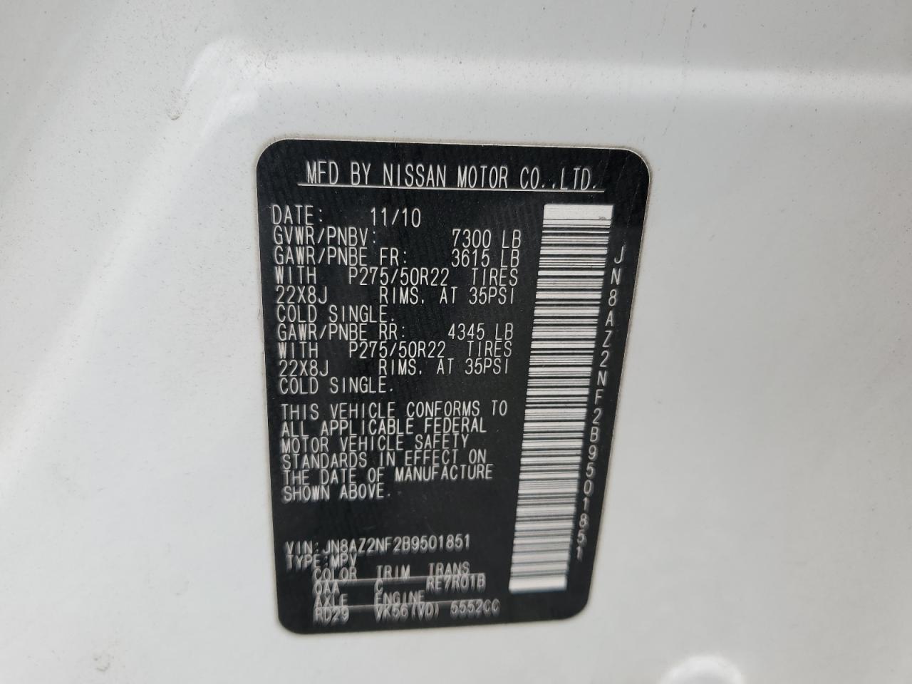 2011 Infiniti Qx56 VIN: JN8AZ2NF2B9501851 Lot: 70648245