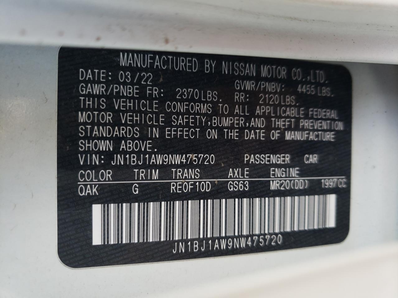 2022 Nissan Rogue Sport S VIN: JN1BJ1AW9NW475720 Lot: 69316115