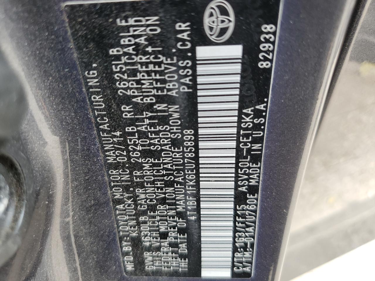 2014 Toyota Camry L VIN: 4T1BF1FK6EU785898 Lot: 68010135