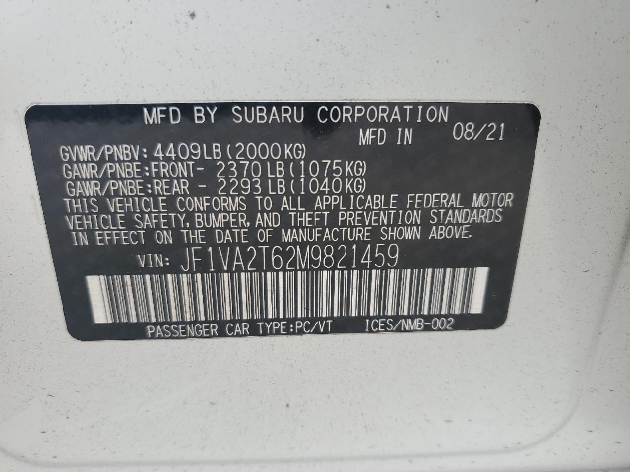 2021 Subaru Wrx Sti Limited VIN: JF1VA2T62M9821459 Lot: 67047975