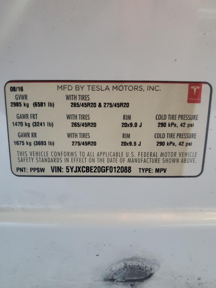 2016 Tesla Model X VIN: 5YJXCBE20GF012088 Lot: 70750395