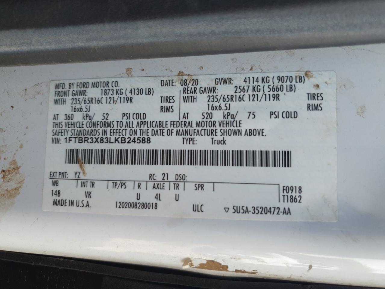 2020 Ford Transit T-250 VIN: 1FTBR3X83LKB24588 Lot: 70777905