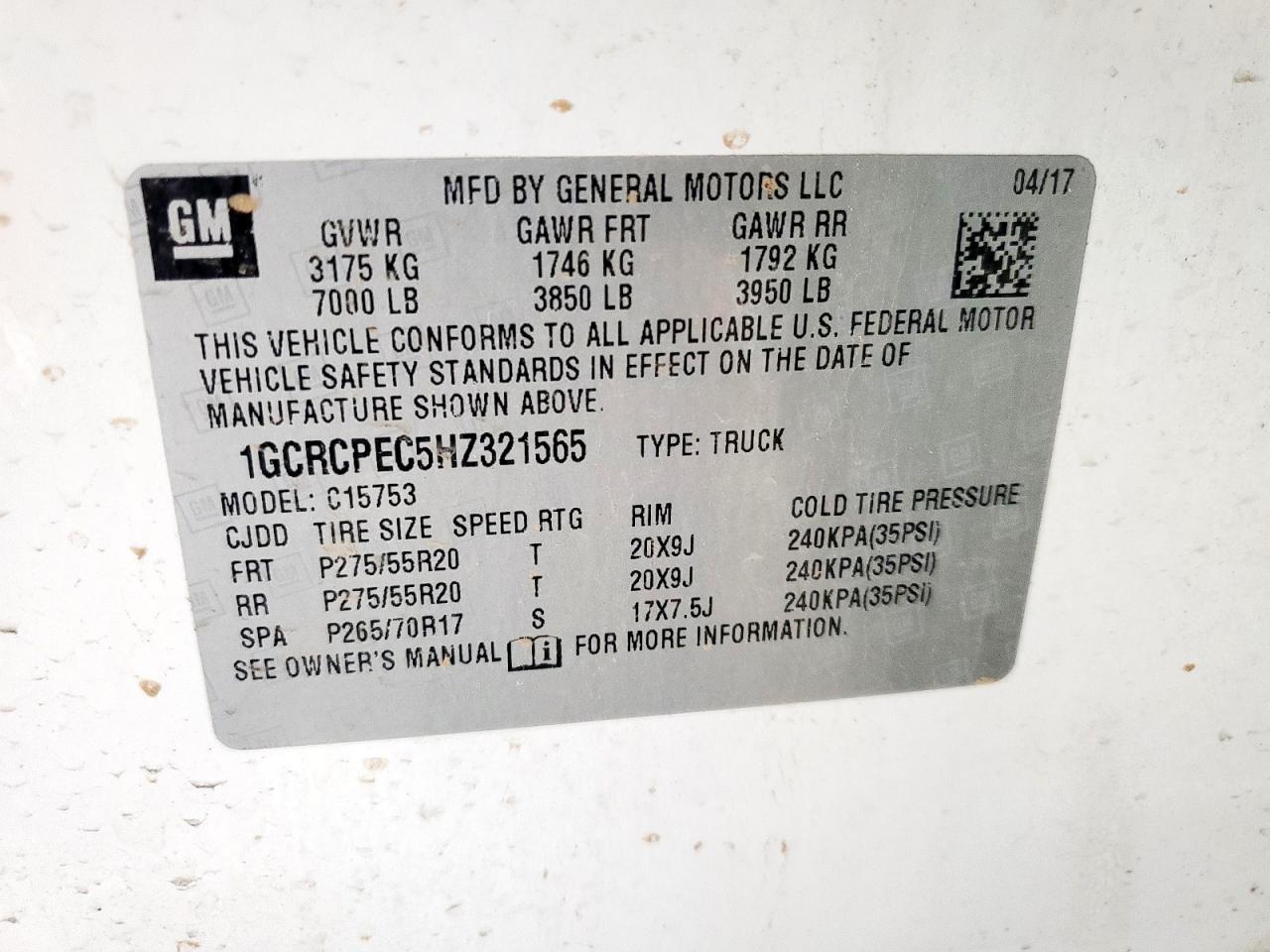 2017 Chevrolet Silverado C1500 Custom VIN: 1GCRCPEC5HZ321565 Lot: 67955895