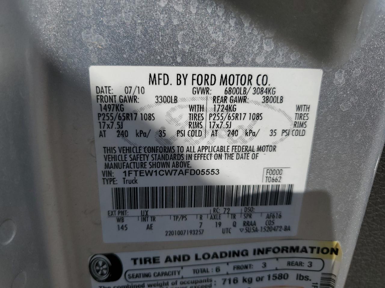 2010 Ford F150 Supercrew VIN: 1FTEW1CW7AFD05553 Lot: 68662455