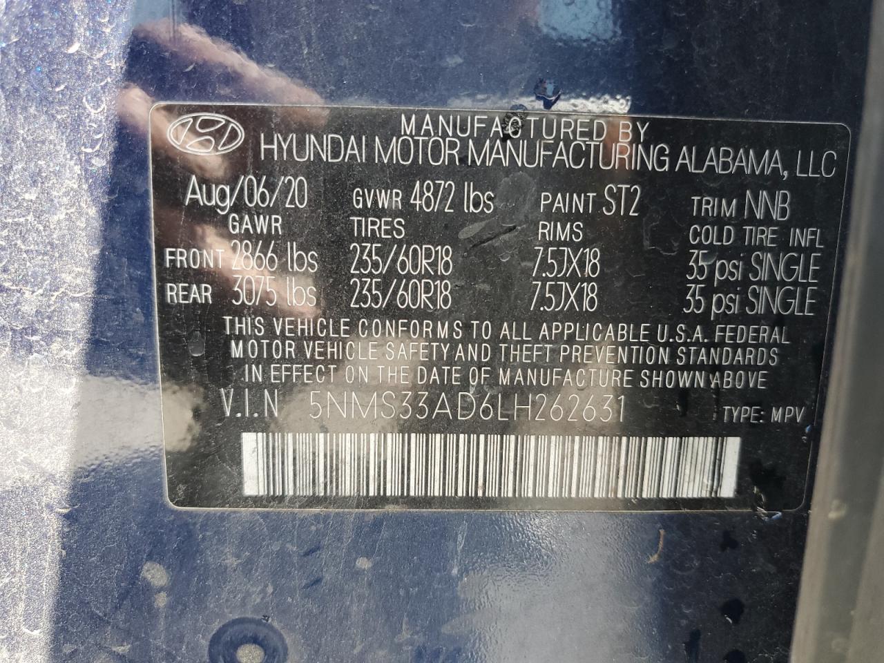 2020 Hyundai Santa Fe Sel VIN: 5NMS33AD6LH262631 Lot: 70476695