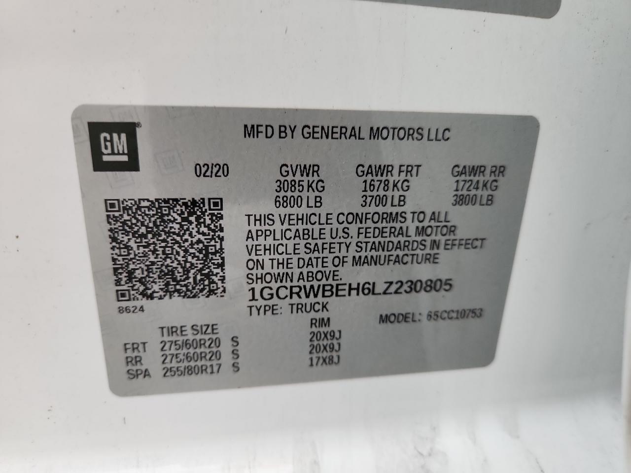 1GCRWBEH6LZ230805 2020 Chevrolet Silverado C1500 Custom