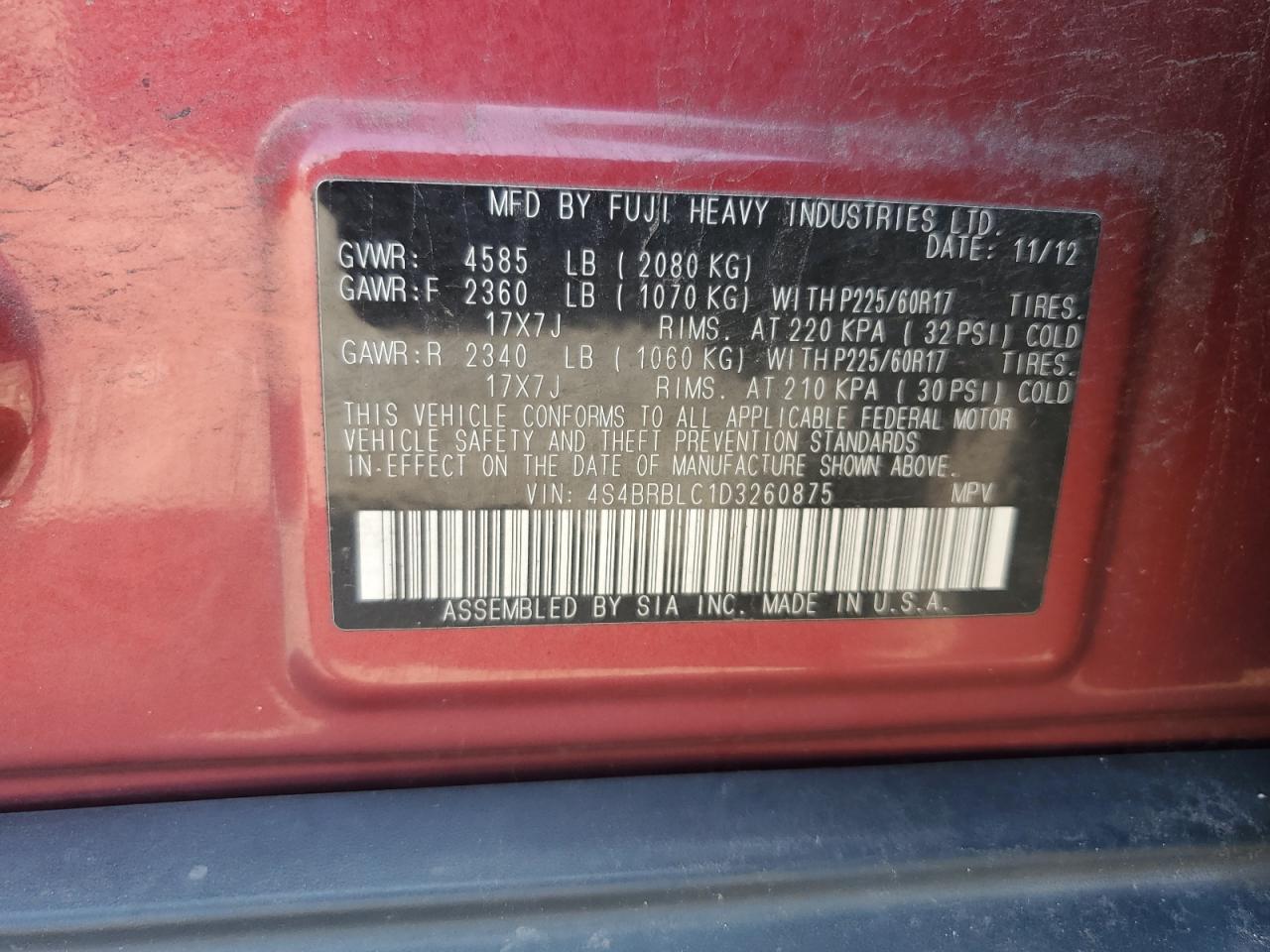 2013 Subaru Outback 2.5I Limited VIN: 4S4BRBLC1D3260875 Lot: 68849555