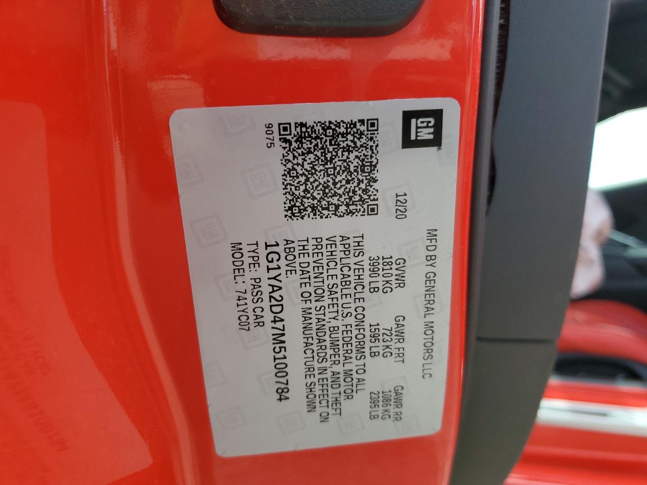 2021 Chevrolet Corvette Stingray 1Lt VIN: 1G1YA2D47M5100784 Lot: 70753105