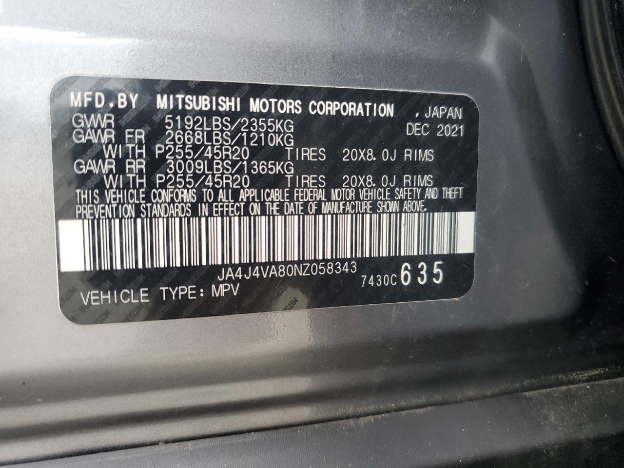 2022 Mitsubishi Outlander Sel VIN: JA4J4VA80NZ058343 Lot: 69558585