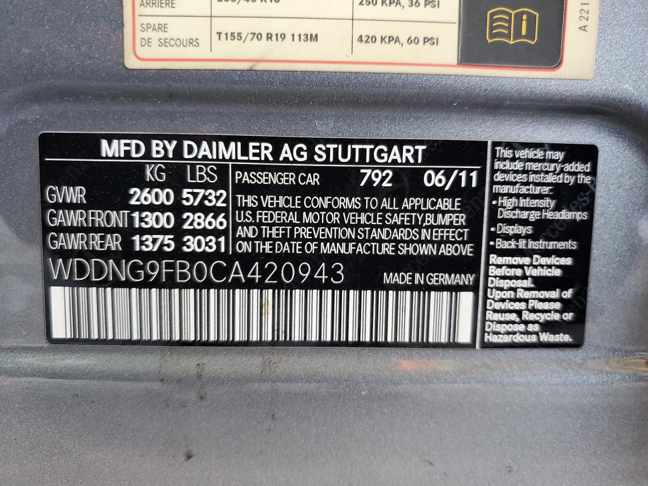 2012 Mercedes-Benz S 400 VIN: WDDNG9FB0CA420943 Lot: 69800255