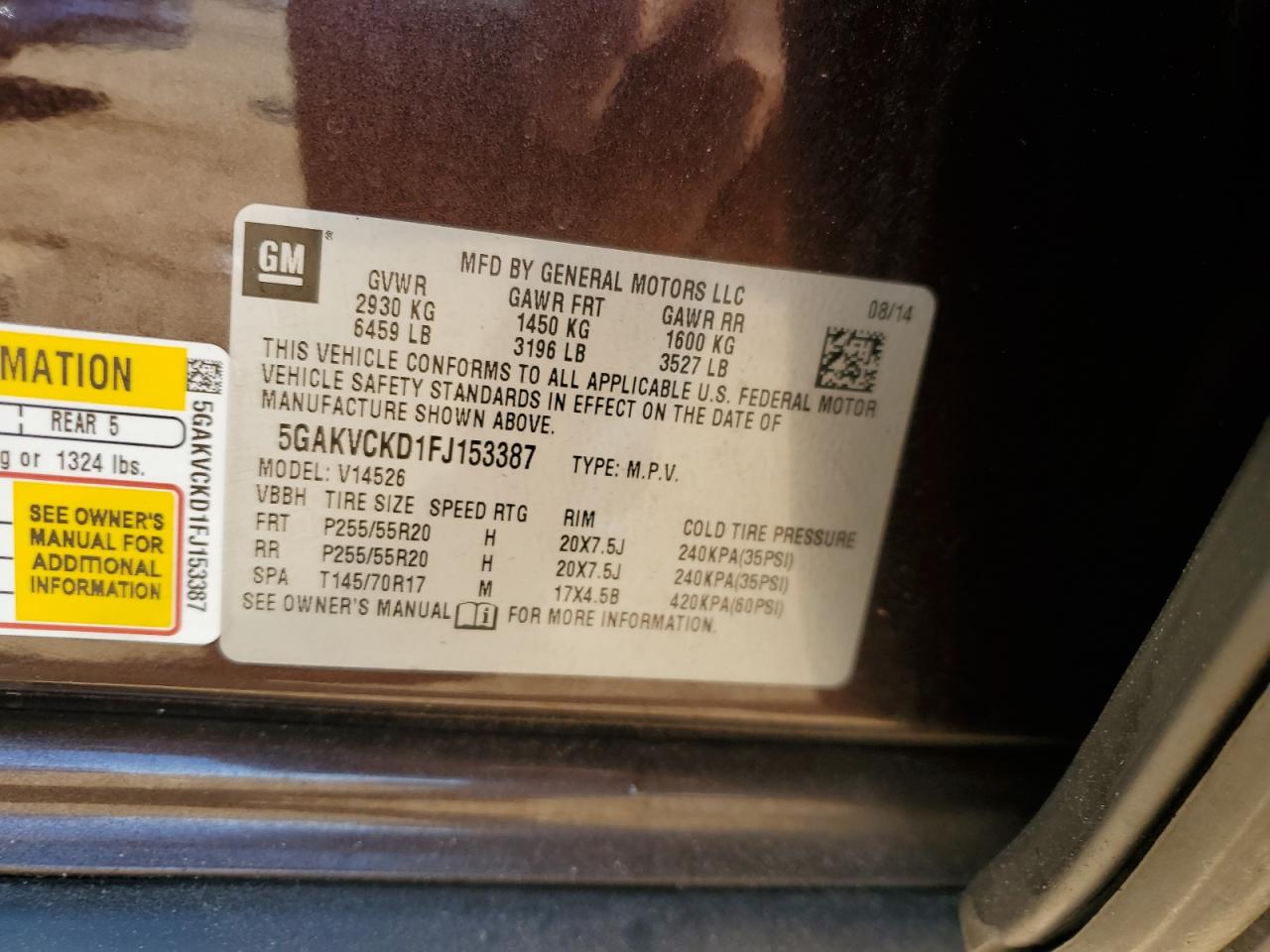 2015 Buick Enclave VIN: 5GAKVCKD1FJ153387 Lot: 68329065