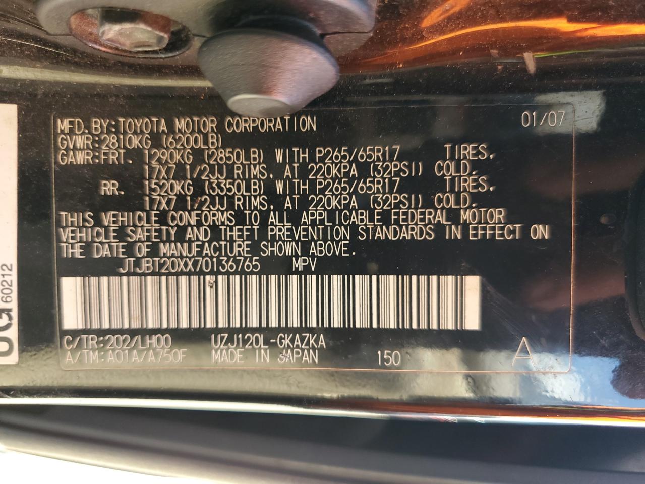 2007 Lexus Gx 470 VIN: JTJBT20XX70136765 Lot: 70473215