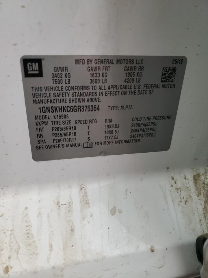 2016 Chevrolet Suburban K1500 Lt VIN: 1GNSKHKC6GR375364 Lot: 69695175