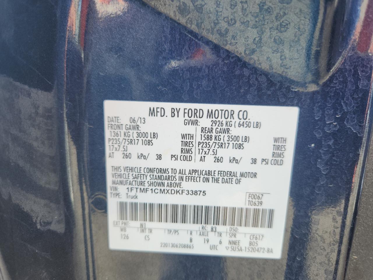 2013 Ford F150 VIN: 1FTMF1CMXDKF33875 Lot: 69949185