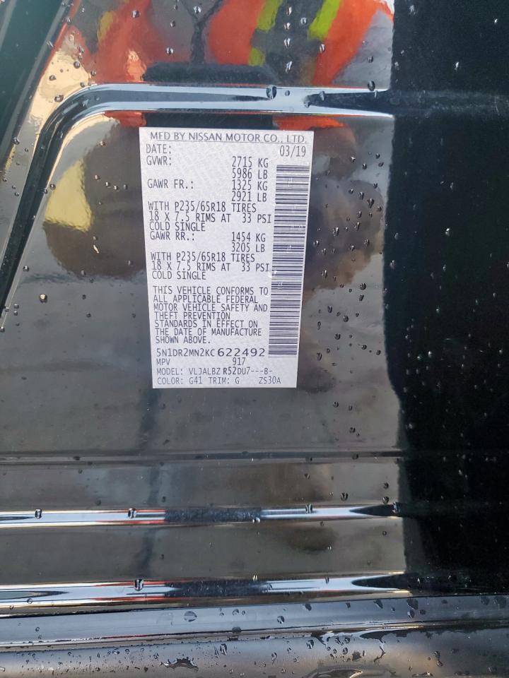 2019 Nissan Pathfinder S VIN: 5N1DR2MN2KC622492 Lot: 68916575