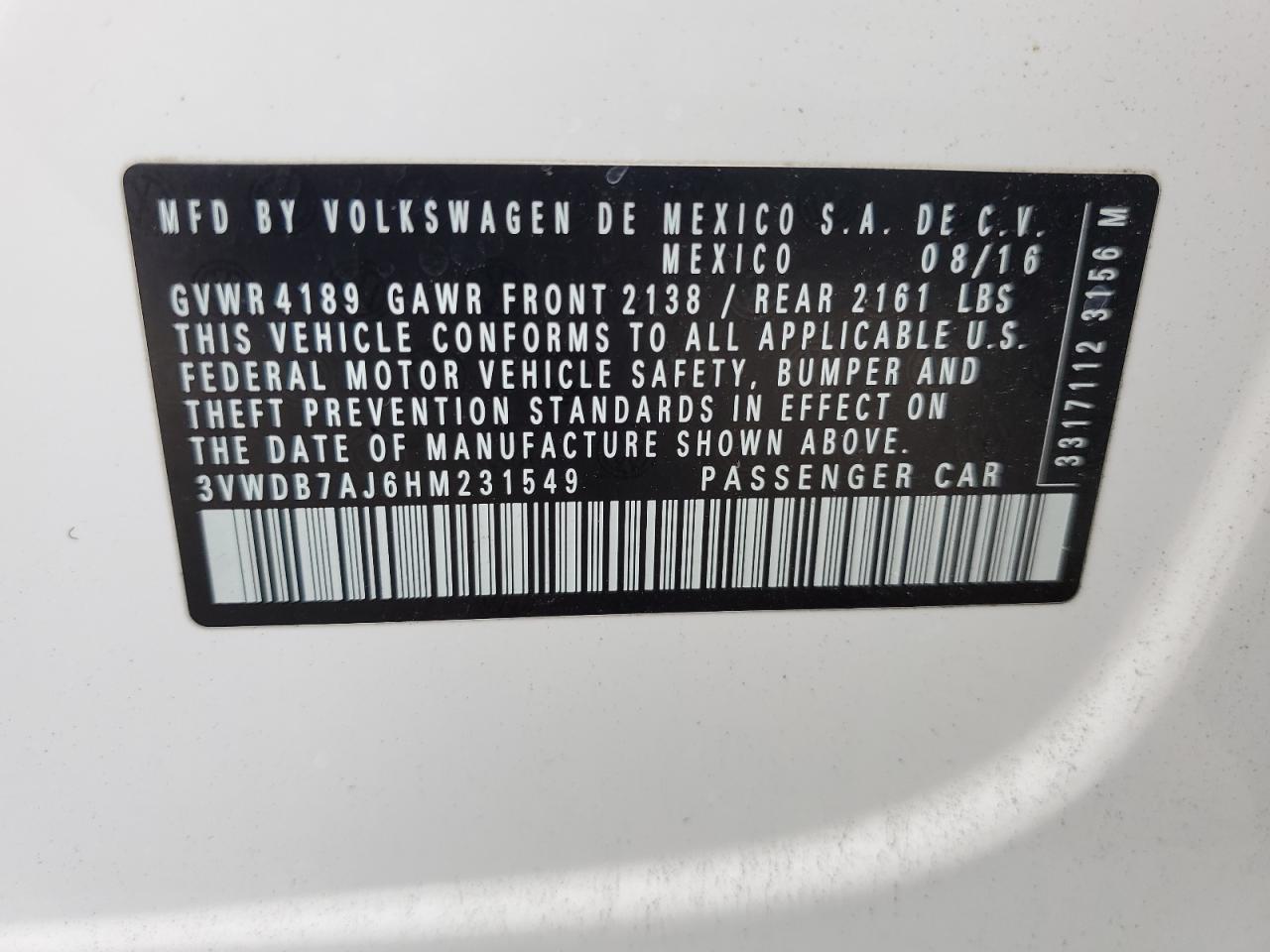 2017 Volkswagen Jetta Se VIN: 3VWDB7AJ6HM231549 Lot: 70634735