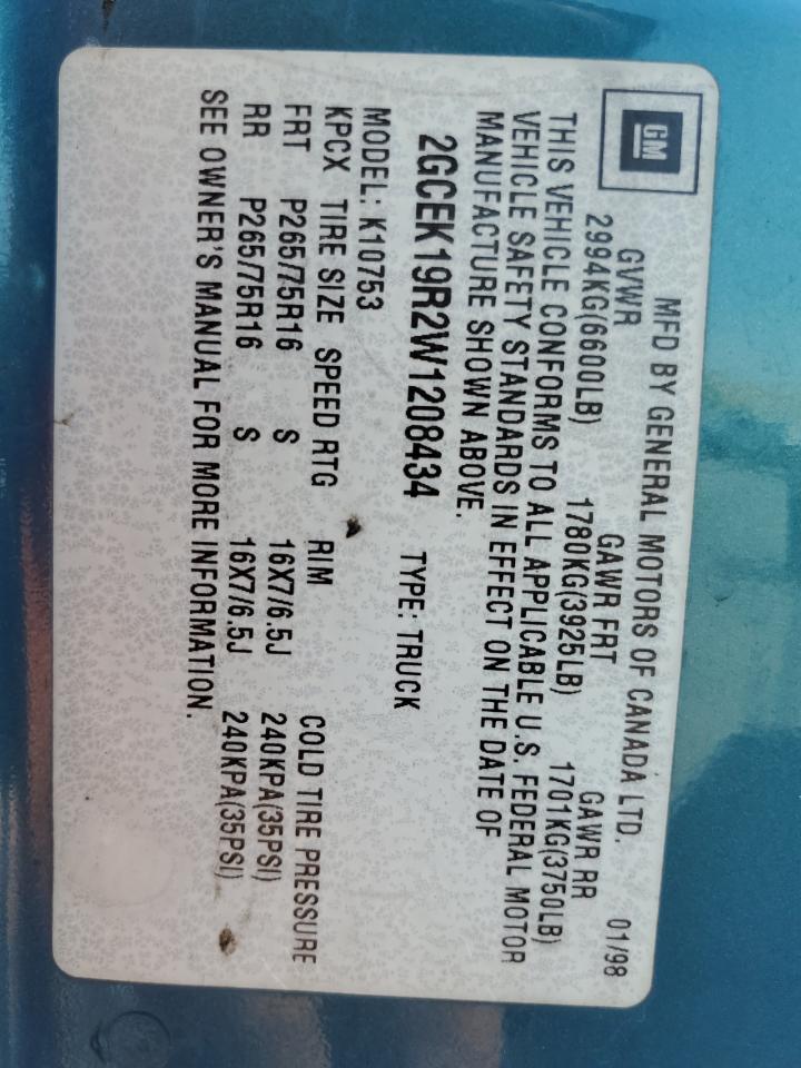 1998 Chevrolet Gmt-400 K1500 VIN: 2GCEK19R2W1208434 Lot: 68474295