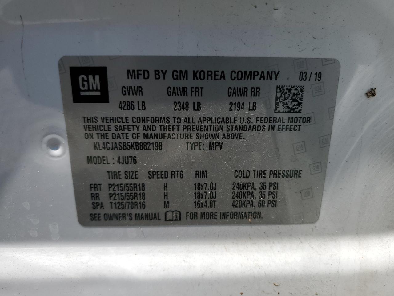 2019 Buick Encore Preferred VIN: KL4CJASB5KB882198 Lot: 67357265