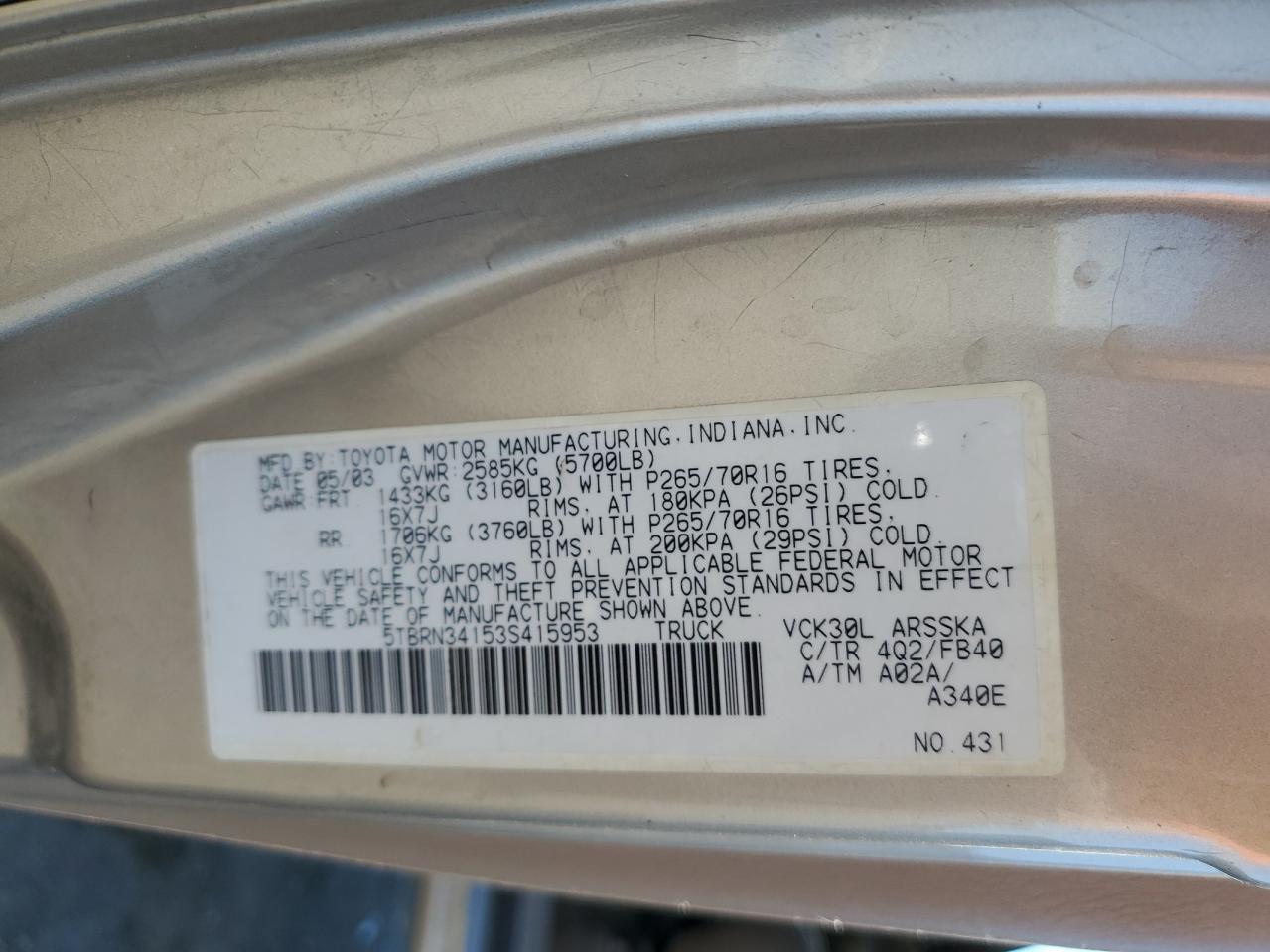 2003 Toyota Tundra Access Cab Sr5 VIN: 5TBRN34153S415953 Lot: 70205565