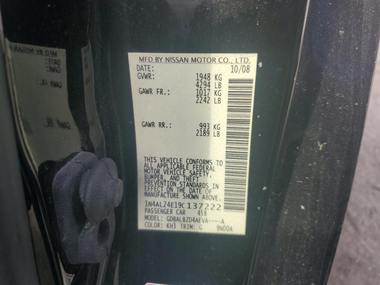 2009 Nissan Altima 2.5S VIN: 1N4AL24E19C137222 Lot: 67631685