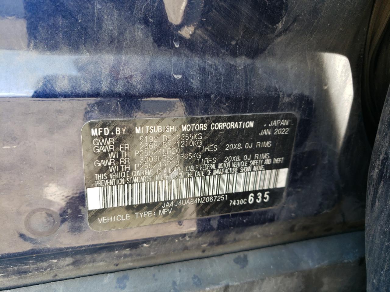 2022 Mitsubishi Outlander Se VIN: JA4J4UA84NZ067251 Lot: 69662205