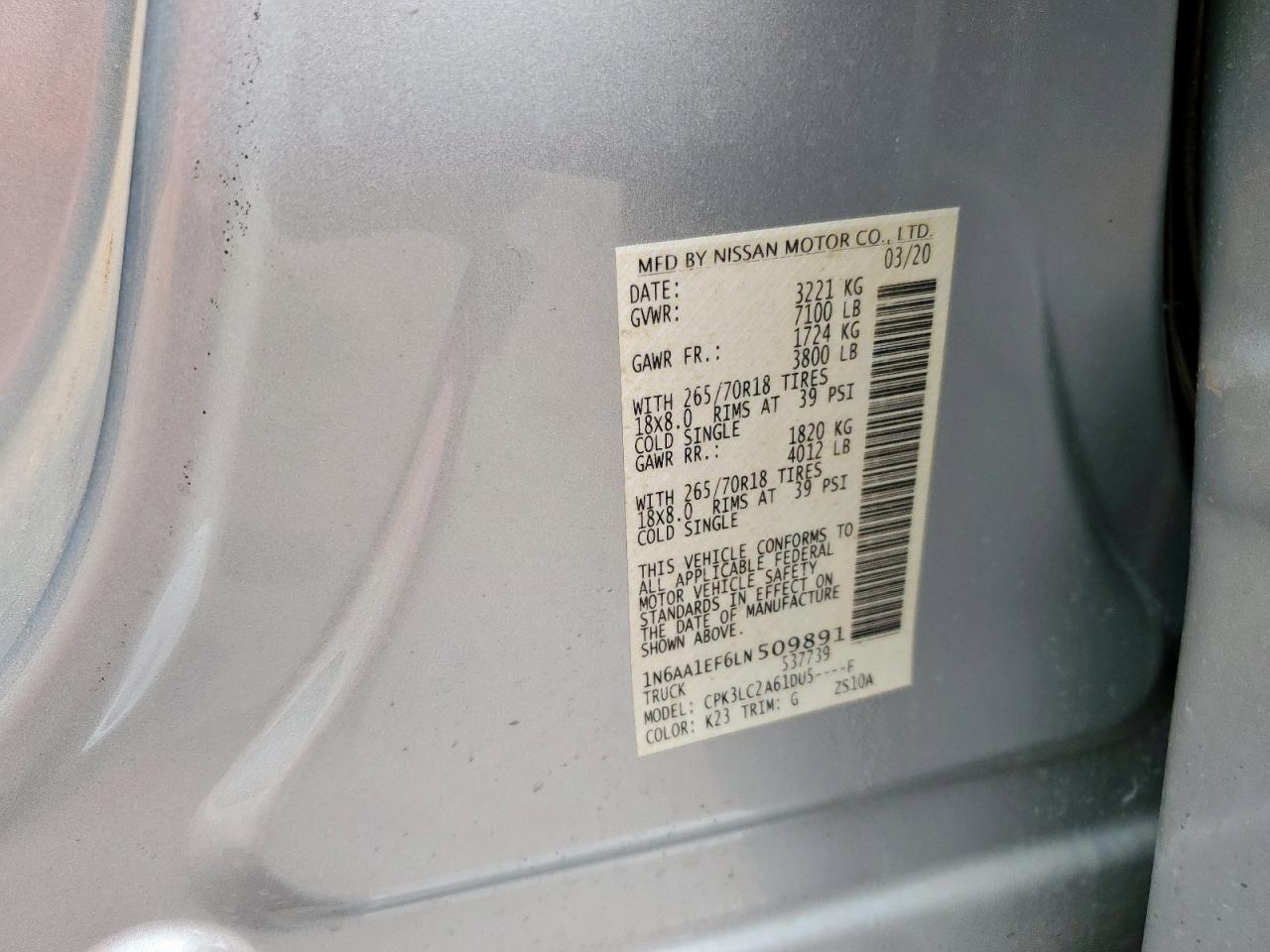 2020 Nissan Titan Sv VIN: 1N6AA1EF6LN509891 Lot: 69876065