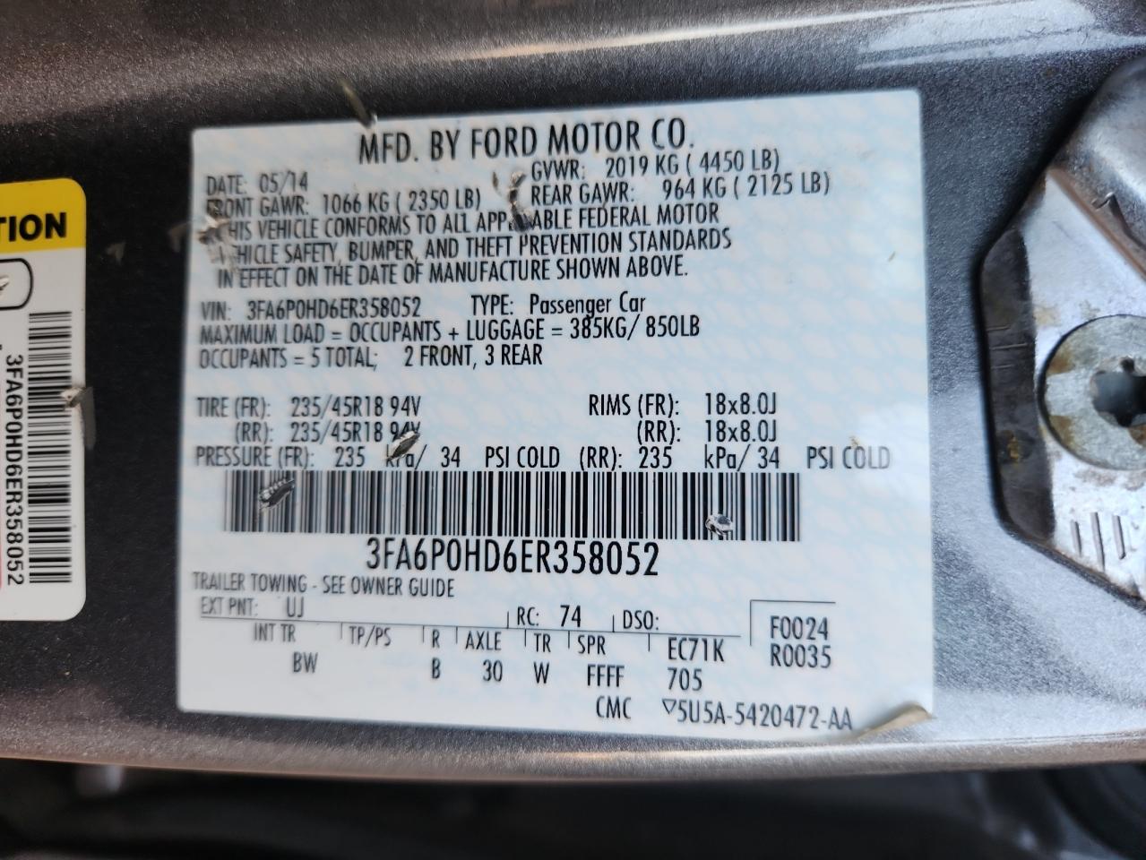 2014 Ford Fusion Se VIN: 3FA6P0HD6ER358052 Lot: 69833115