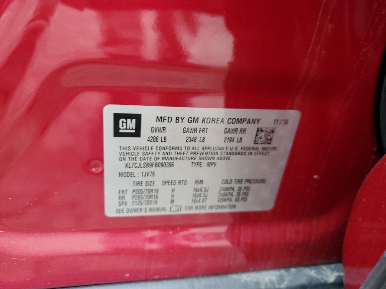 2015 Chevrolet Trax 1Lt VIN: KL7CJLSB9FB090396 Lot: 66580415