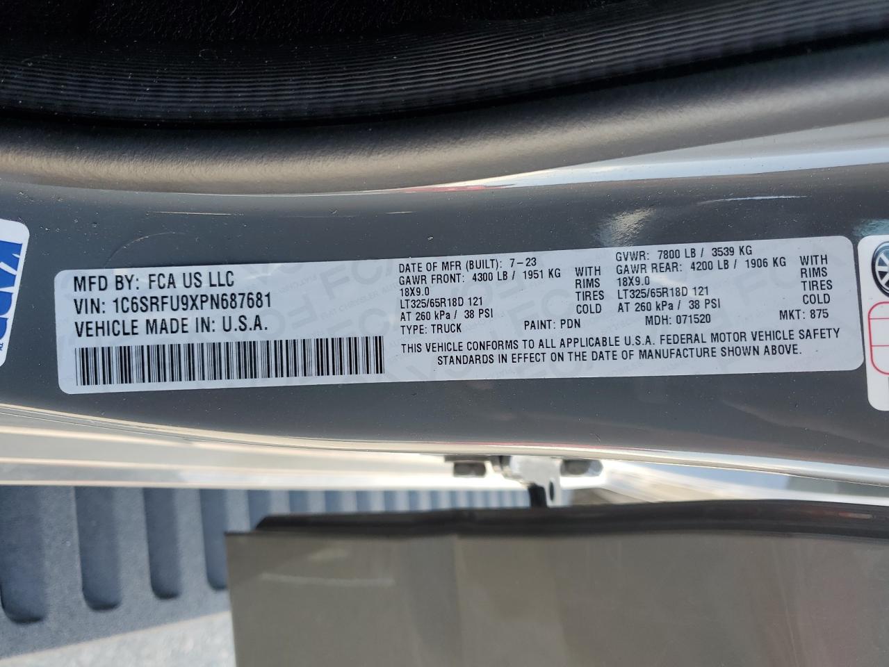 2023 Ram 1500 Trx VIN: 1C6SRFU9XPN687681 Lot: 69890695