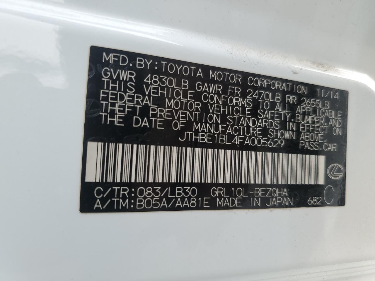 2015 Lexus Gs 350 VIN: JTHBE1BL4FA005629 Lot: 67525295