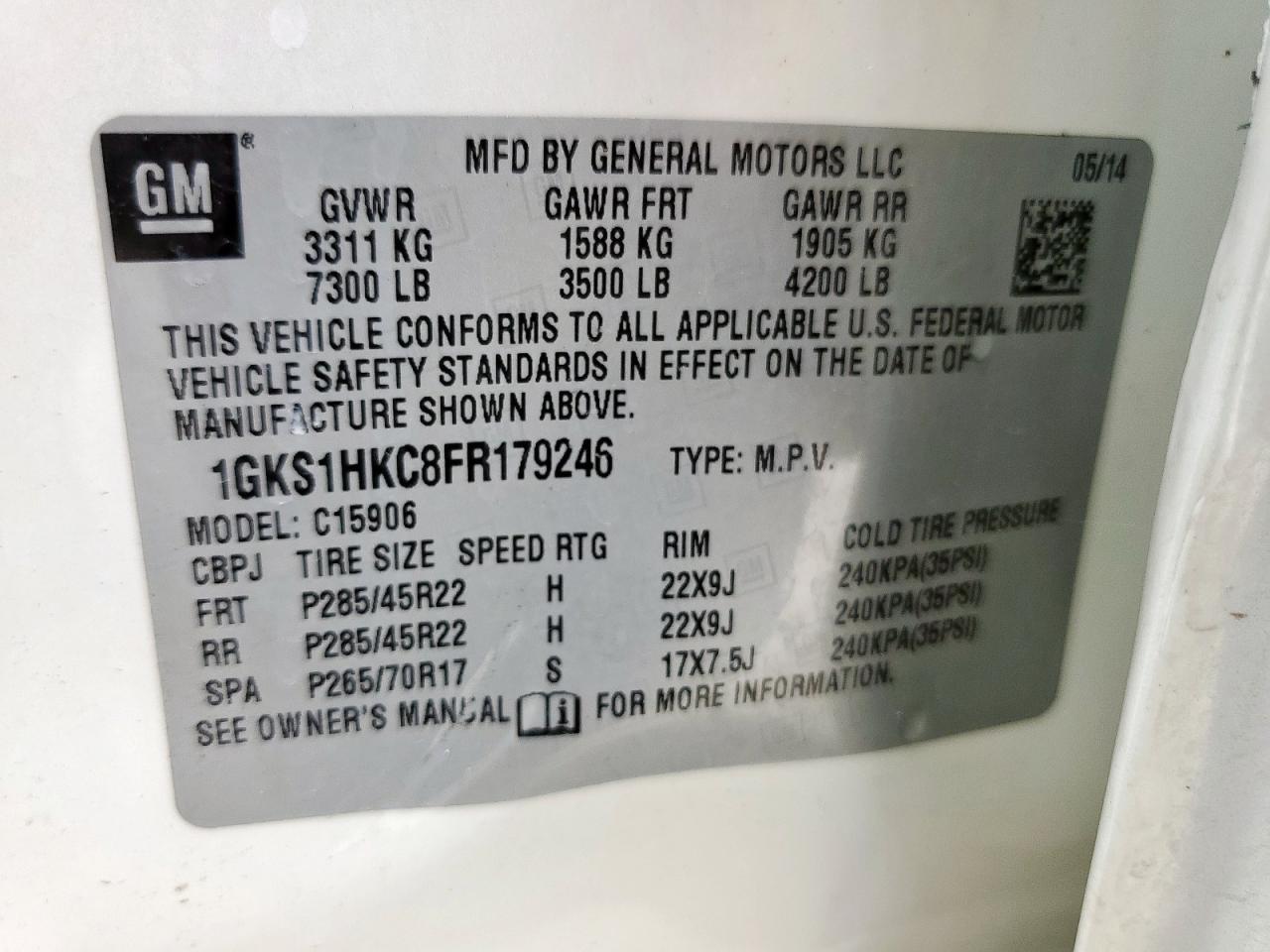 2015 GMC Yukon Xl C1500 Slt VIN: 1GKS1HKC8FR179246 Lot: 69875965