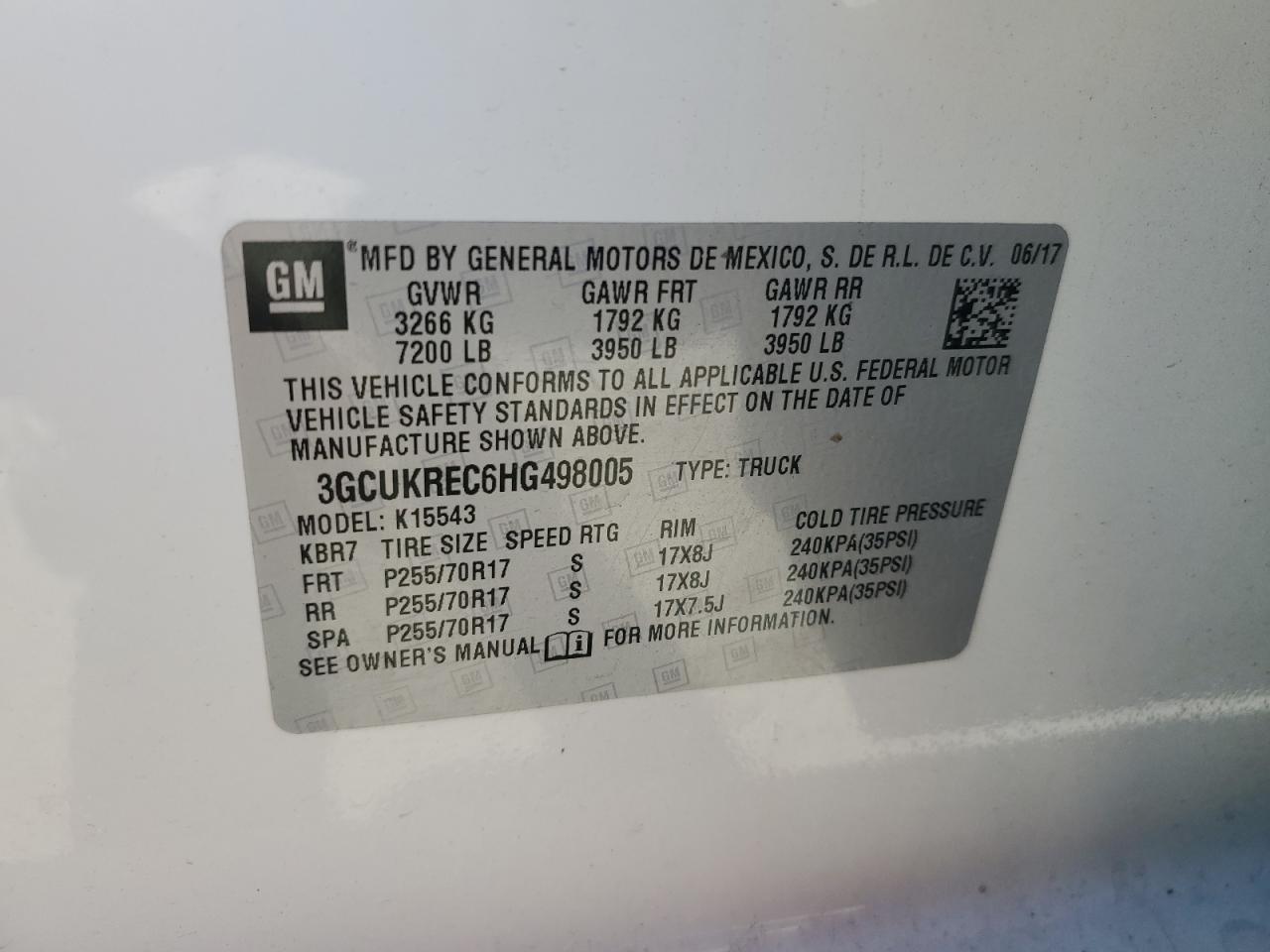 2017 Chevrolet Silverado K1500 Lt VIN: 3GCUKREC6HG498005 Lot: 68710085