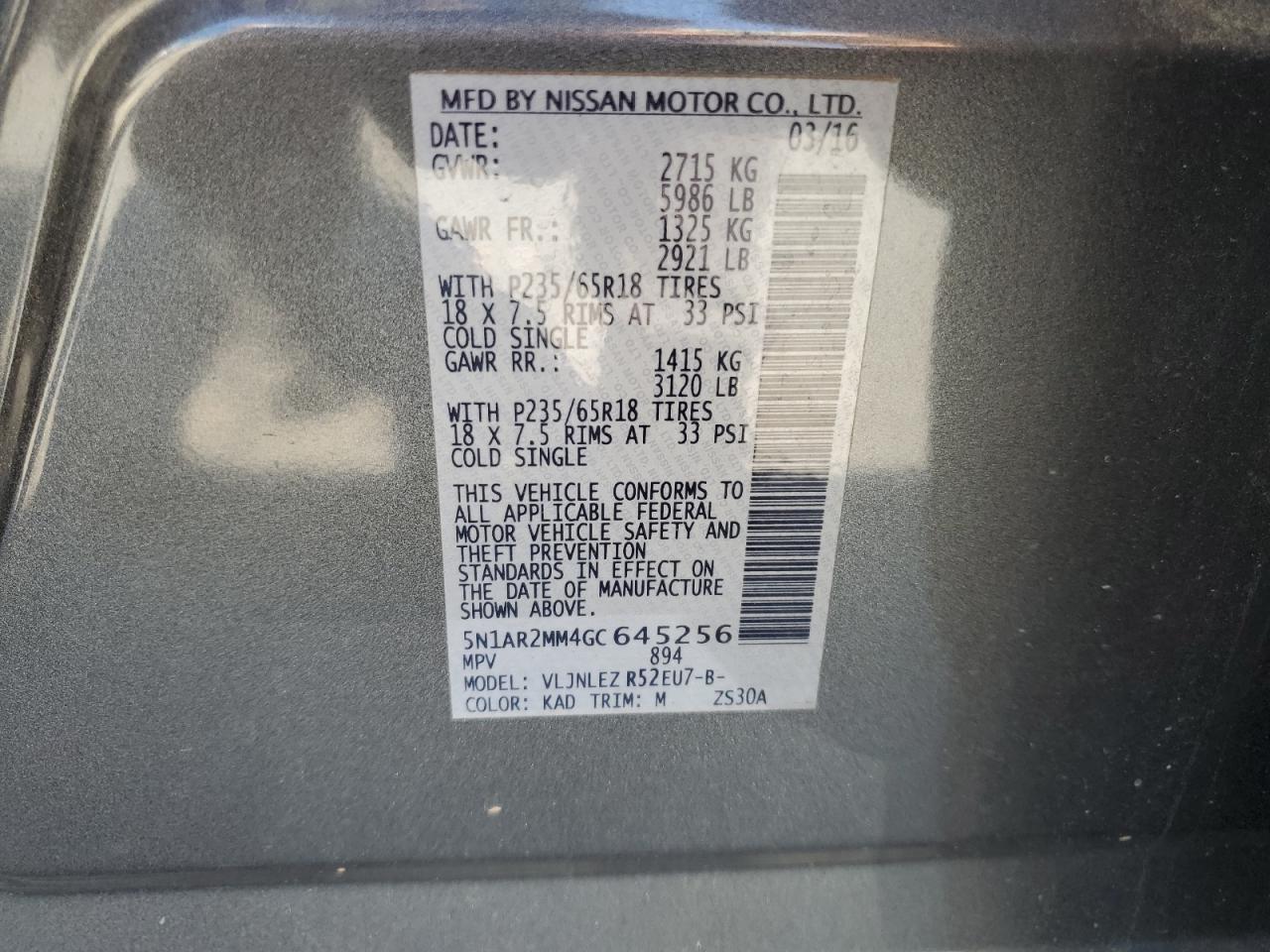 2016 Nissan Pathfinder S VIN: 5N1AR2MM4GC645256 Lot: 70996475
