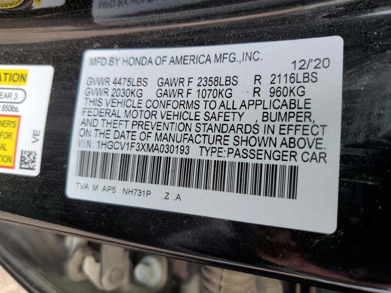 2021 Honda Accord Sport VIN: 1HGCV1F3XMA030193 Lot: 70556705