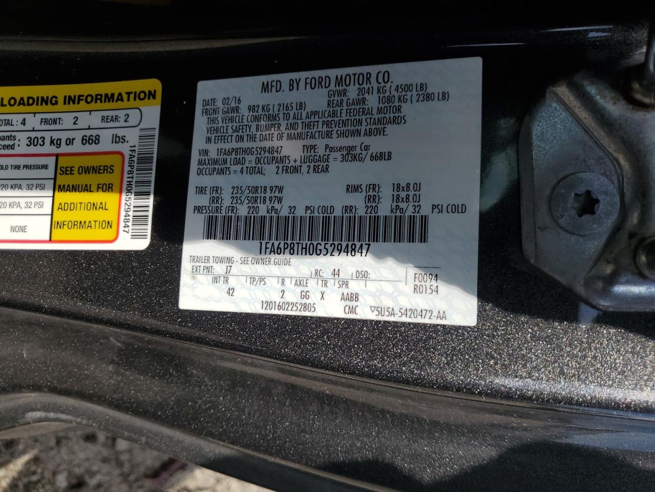 2016 Ford Mustang VIN: 1FA6P8TH0G5294847 Lot: 68756705