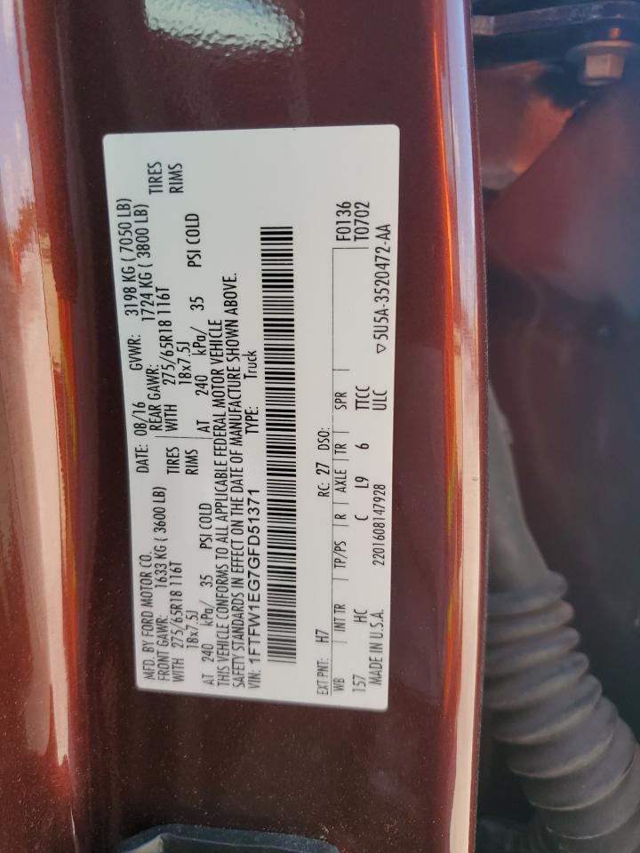 2016 Ford F150 Supercrew VIN: 1FTFW1EG7GFD51371 Lot: 69971075