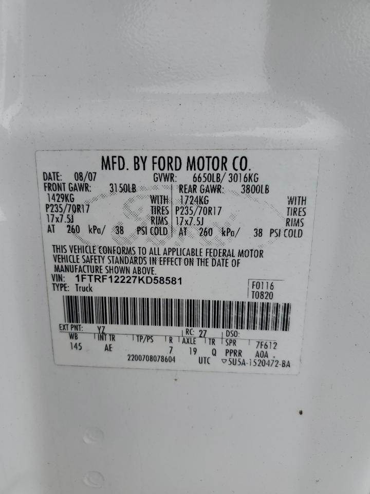 2007 Ford F150 VIN: 1FTRF12227KD58581 Lot: 68376685