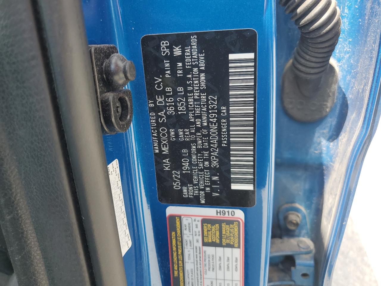 2022 Kia Rio Lx VIN: 3KPA24AD0NE491322 Lot: 69193555